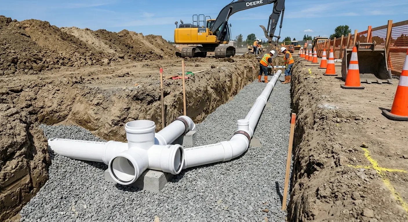 New PVC sewer pipe installation in open trench for Sewer Backup in Scituate